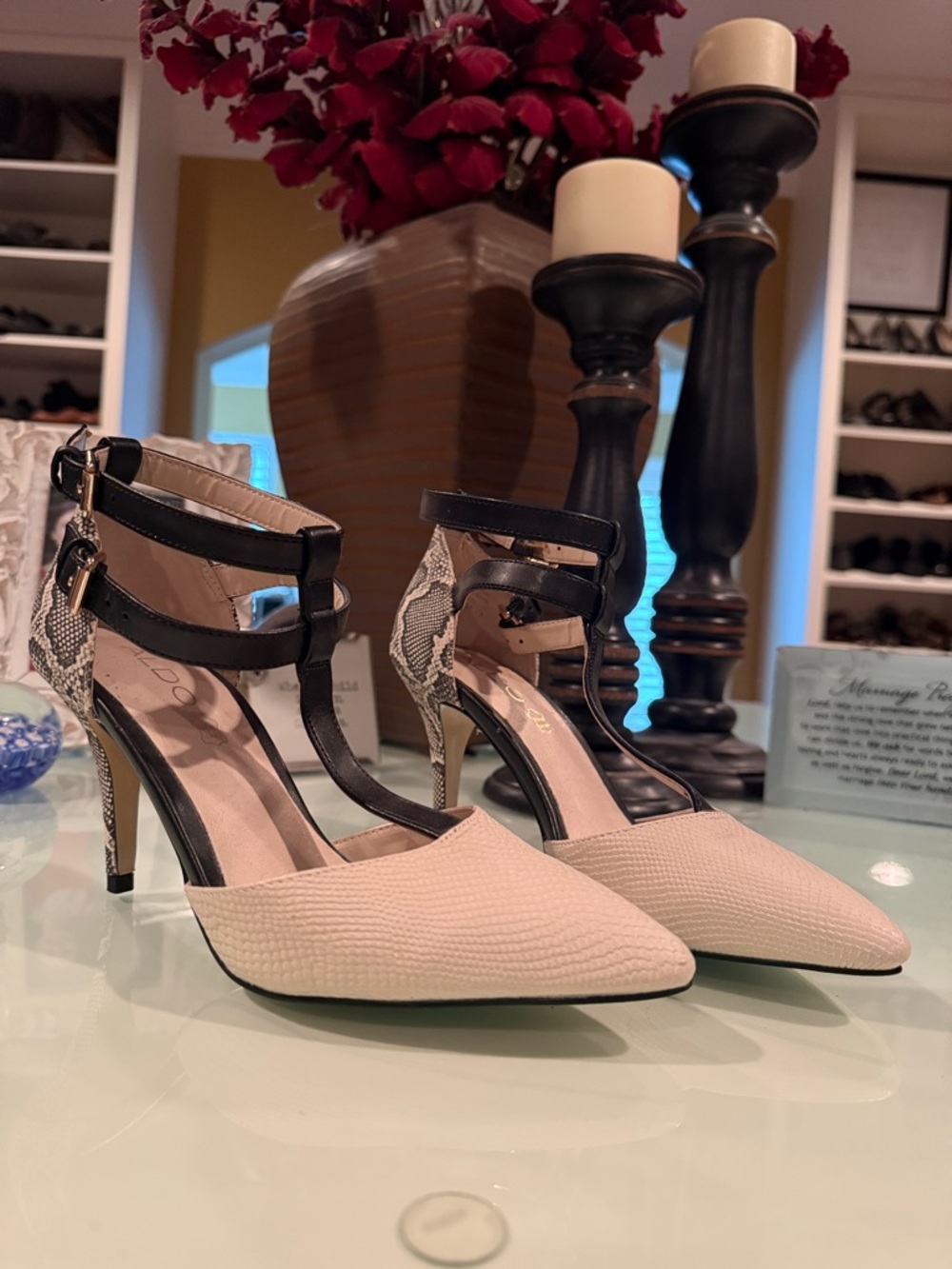 Aldo Beige Pointed-Toe Pumps with Black Straps and Snakeskin Heel